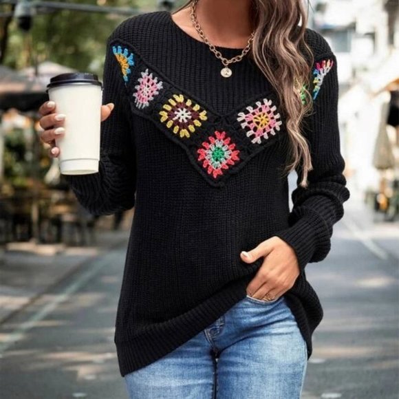 MODA ME COUTURE Sweaters - Floral Crochet Detailed round neckline black Ribbed Knit Sweater Top fall winte
